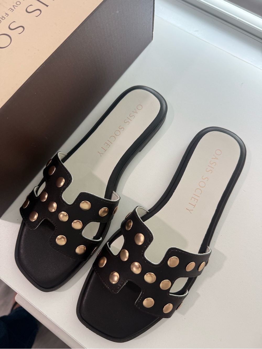 Oasis Society Black Slide Sandals with Gold Stud Accents